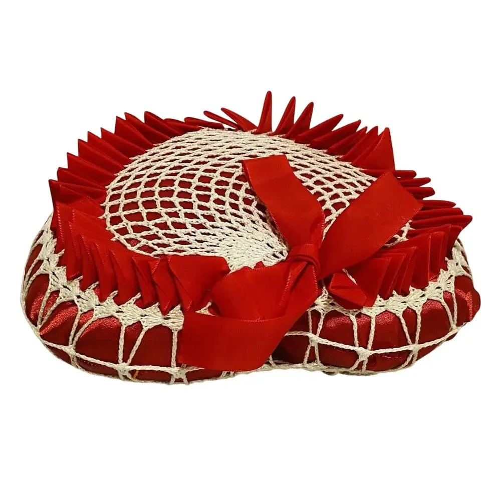 Vintage Heart Shaped Toss Pillow Red Satin Ribbons & White Crochet Caged Romance